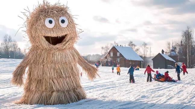 Zugeschneite Schlittenwiese mit spielenden Kindern und einer großen Figur aus Stroh