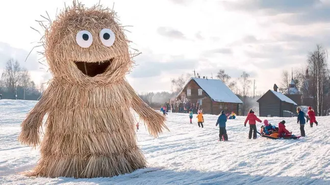 Zugeschneite Schlittenwiese mit spielenden Kindern und einer großen Figur aus Stroh