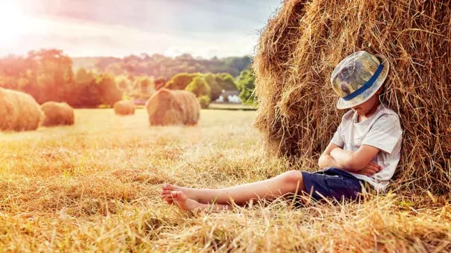 Kleiner Junge mit ins Gesicht gezogenem Hut an einen Heuballen anlehnend auf einer Strohwiese
